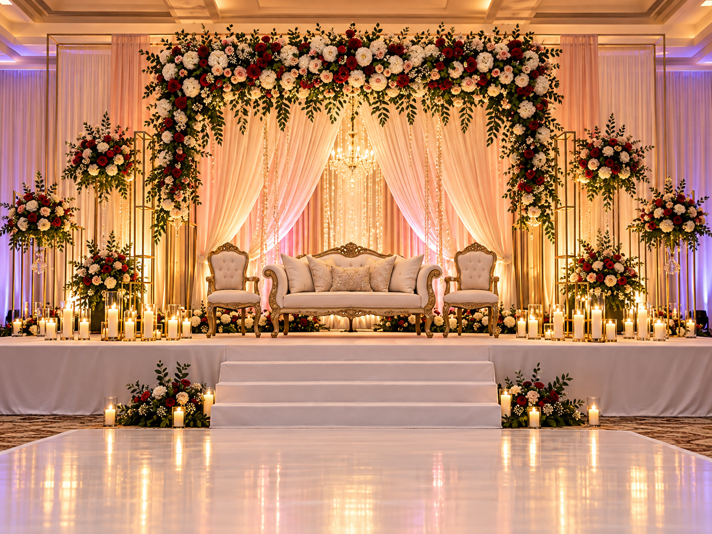 Indian wedding stage decor at Divya Samaroha Calgary